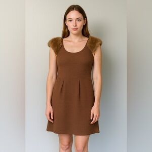Authentic Rabbit Fur A-Line Mini Scoop Neckline Stretch Dress Brown Small